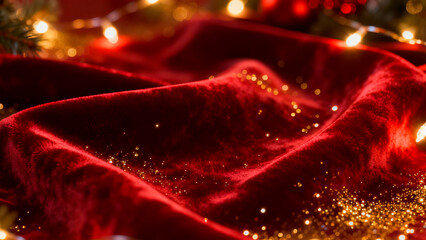 Luxurious deep red velvet fabric draped with sparkling golden glitter and warm bokeh christmas lights