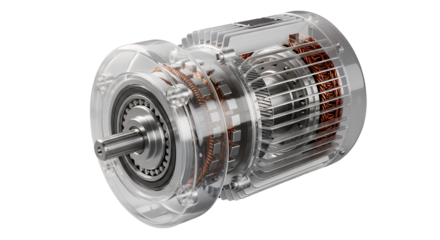Electric motor with transparent plastic housing isolated on transparent background