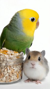 Charming interaction between curious parrotlet and playful hamster near jar of grains