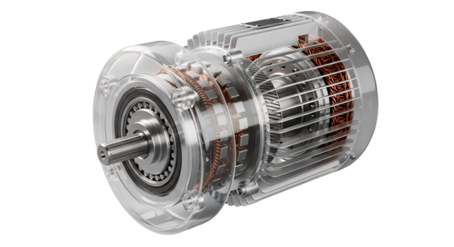 Electric motor with transparent plastic housing isolated on transparent background