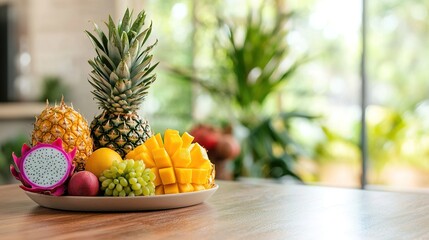 A tropical fruit platter with dragon fruit, pineapple, and mango on a wooden table in a sunlit room