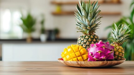 A tropical fruit platter with dragon fruit, pineapple, and mango on a wooden table in a sunlit room