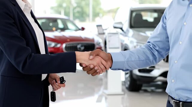 Unrecognizable saleswoman passing car keys to a man after a successful deal in a modern vehicle dealership showroom. The close up shot focuses on the handshake and the key exchange
