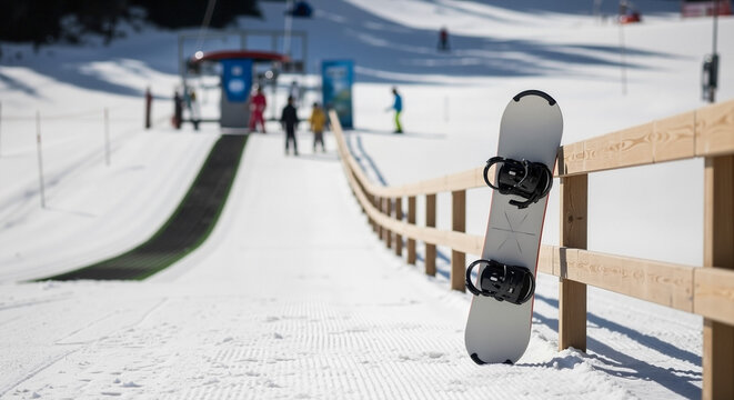 A Snowboard leaning on wall or fence near a magic carpet lift, a great image for ski resort advertising and beginner guides.