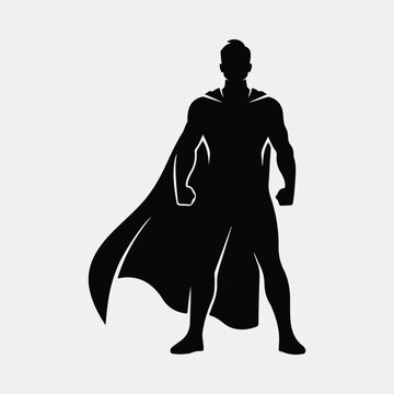 Silhouette of powerful superhero in cape standing heroically vector illustration