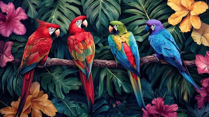 A vibrant tropical jungle with exotic plants and wildlife, including colorful birds perched on tree branches