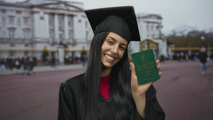 Woman smiling outdoors in graduation cap and gown holding saudi arabian passport in front of...