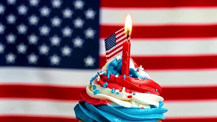 Patriotic Cupcake Animation with American Flag, Red Candle, and Star Sprinkles