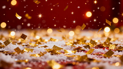Golden confetti and sparkling lights falling on a snowy surface with a deep red background