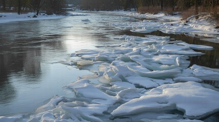 Winding cold river with large chunks of ice and snow along the banks © Khokan