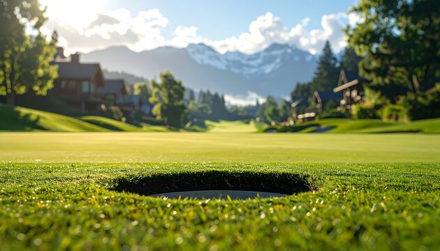 Close-up of a golf hole with lush green grass. Distant houses and snow-capped mountains create a scenic background - Powered by Adobe