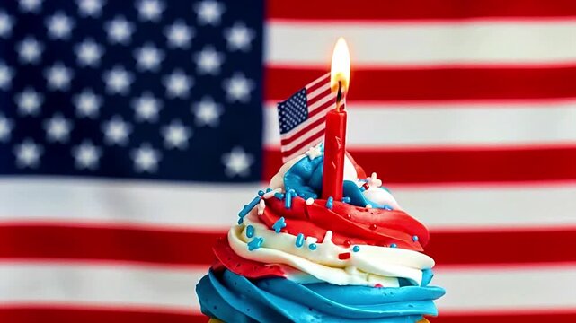 Patriotic Cupcake Animation with American Flag, Red Candle, and Star Sprinkles
