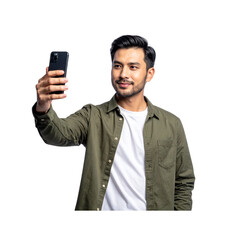  A man taking a selfie with a smartphone isolated on a white background, wearing casual clothing, in a natural pose 