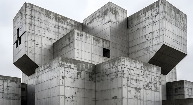 Concrete block building with geometric shapes industrial architecture old grunge construction with square gray facade urban design texture outdoor