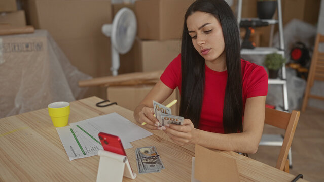 Woman calculating expenses with us dollars in modern living room surrounded by moving boxes and household items, suggesting recent relocation and financial planning. - Powered by Adobe