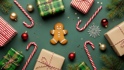 Overhead view of holiday arrangement featuring red, gold, and green presents scattered on a deep green surface.