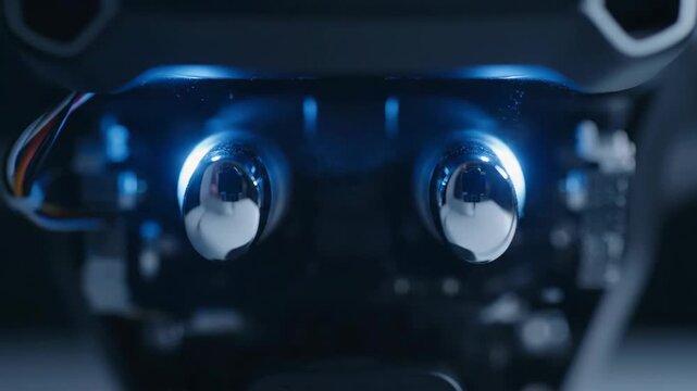 Close-up of silver control knobs with blue lighting on a device.