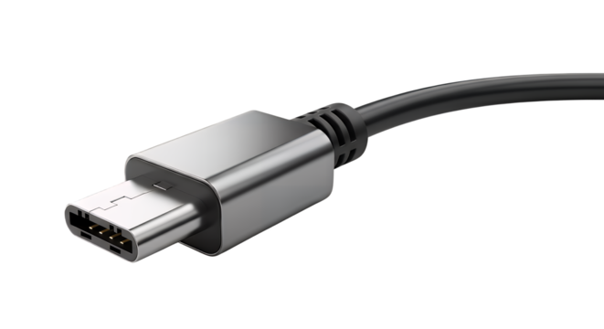 Close-up of a modern USB Type-C cable connector isolated on a transparent background, symbolizing connectivity and technology