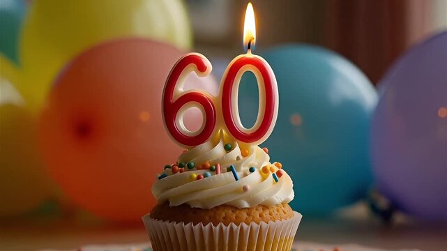 60th birthday muffin with white frosting and colorful sprinkles and light candle in number 60, against a birthday decoration with balloons