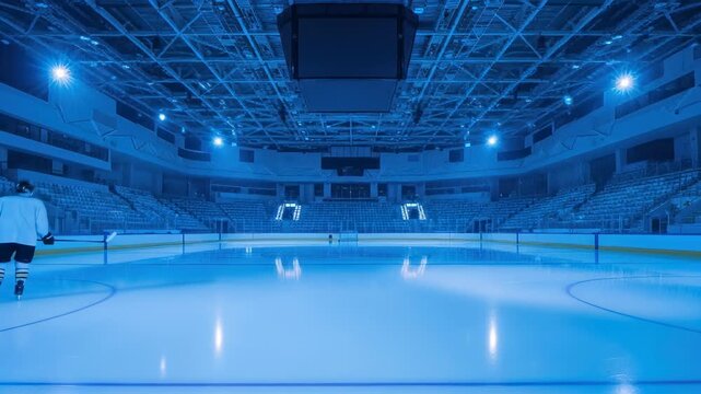 Back view of a hockey player with full gear on the ice rink, blue lighting, audience seating in the background. Focus on the action and atmosphere of the game.