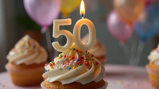 50th birthday muffin with white frosting and colorful sprinkles and light candle in number 50, against a birthday decoration with balloons