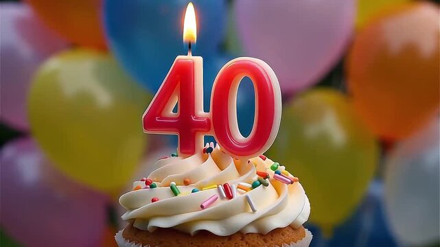 40th birthday muffin with white frosting and colorful sprinkles and light candle in number 40, against a birthday decoration with balloons