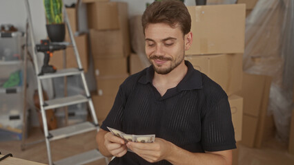 Man counting cash with his hands amid packed moving boxes and a ladder inside a building during a...