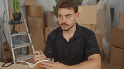 Young hispanic man holding pen and finger to nose in a building surrounded by packed moving boxes; quiet contemplation.