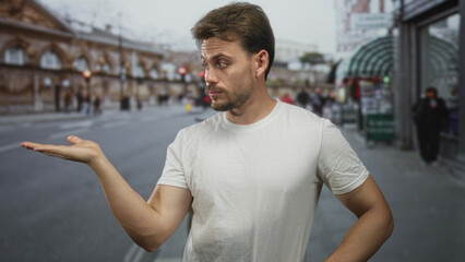 Fototapeta premium Man with outstretched palm presenting empty hand and raised eyebrow gesture on a busy city street near sidewalk and storefronts; skepticism.