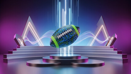 A 3D render of a modern business symbol with a glowing globe on a digital technology background