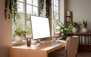 Computer Monitor Transparent Screen Mockup on Wooden Desk in Bright Home Office – Left Side Perspective – Natural Light Workspace