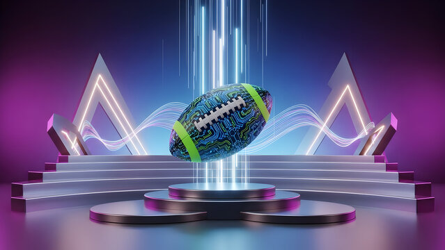 A 3D render of a modern business symbol with a glowing globe on a digital technology background