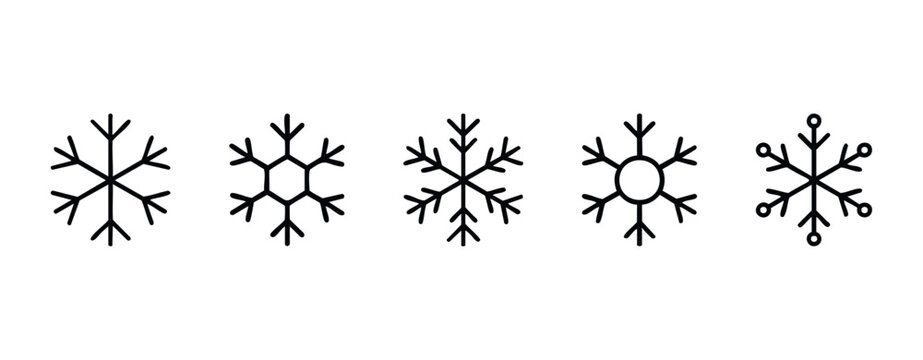 Collection of five unique snowflake icons representing winter weather and cold season, perfect for graphic design projects related to holidays and frozen themes