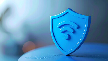 3D blue shield icon with wireless signal symbol, network security and Wi-Fi protection