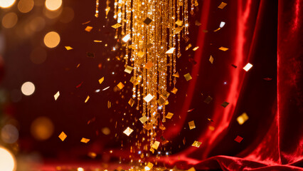 Golden confetti falling dramatically against a rich red velvet curtain creating a celebratory and luxurious atmosphere
