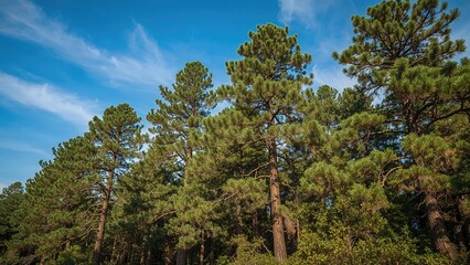 Obraz premium Lush green pine trees under blue sky with clouds. Nature scene with a forest of tall trees and vibrant foliage.