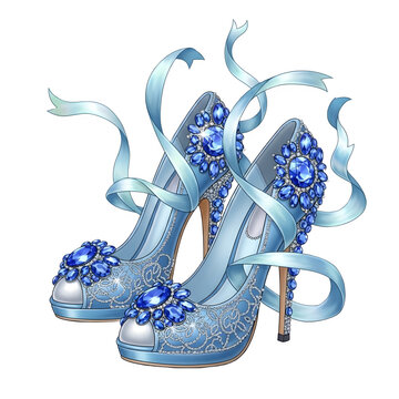 Elegant blue high heel shoes adorned with sparkling jewels and flowing ribbons, isolated on transparent background generative ai illustration