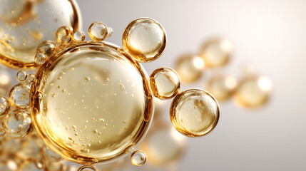Close-up of oily facial serum drops and bubbles