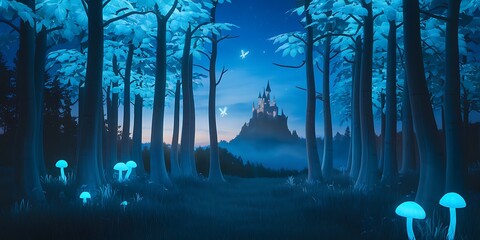 Fantasy forest with glowing mushrooms and castle on hill under blue moonlit sky