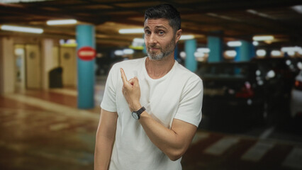 Fototapeta premium Man points both index fingers left and right in a parking garage wearing a white t shirt and watch; indecision choice dilemma.
