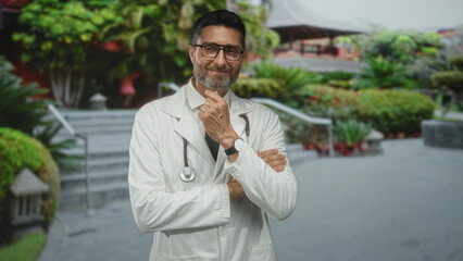 Man doctor in white coat and stethoscope, wearing glasses and tie, smiling while standing on...
