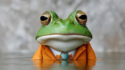 Frog dressed in a formal orange suit with a bow tie, emerging from water, showcasing whimsical character and playful elegance in a surreal, imaginative setting