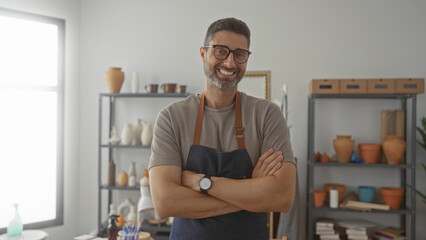 Man wearing denim apron and glasses standing with arms crossed among pottery shelves in studio;...