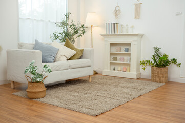 Cozy Living Room With Soft Textures and Greenery in a Warm, Inviting Space