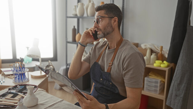 Man talking on phone in studio holding clipboard and wearing apron while checking notes; concentration craft dedication.