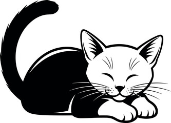 Relaxed black and white cat illustration in minimalist style, curled tail, closed eyes, simple line art for pet-themed designs