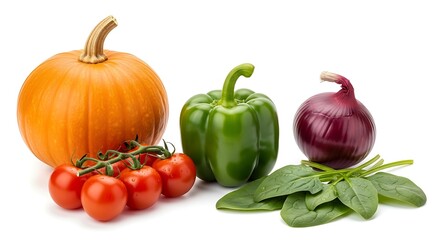 Fresh vegetables assortment with pumpkin bell pepper tomatoes onion and spinach