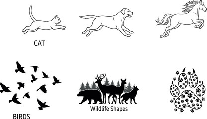 Running cat dog horse silhouettes, flying birds, wildlife shapes, animal paw print, forest animals vector set for nature design