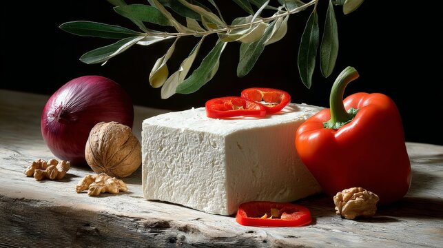 Fresh ingredients including block of cheese, red bell pepper, sliced tomatoes, walnuts, and red onion arranged on rustic wooden table with olive branches, showcasing vibrant colors and natural texture