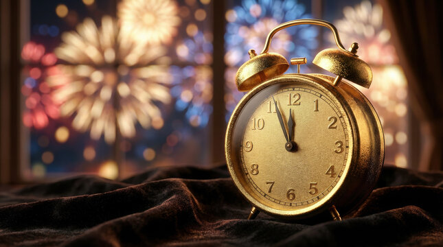 Gold vintage alarm clock striking midnight against a window with colorful fireworks. Festive New Year celebration background with copy space.
